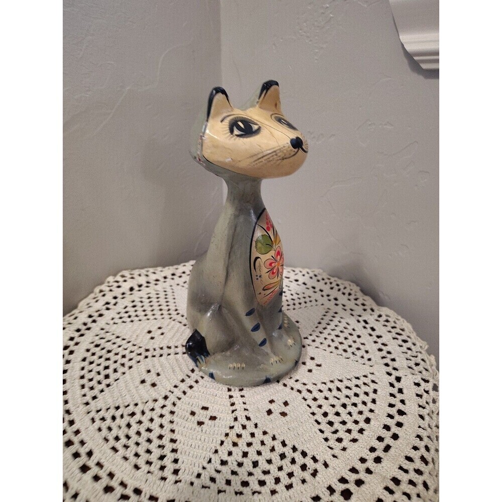 Handpainted Tall Cat Long Neck Folk Art Paper Mache Multicolor Home Decor 8" - Picture 2 of 13